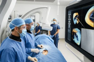 Cirurgiões acompanham imagens em monitor durante cirurgia colorretal minimamente invasiva