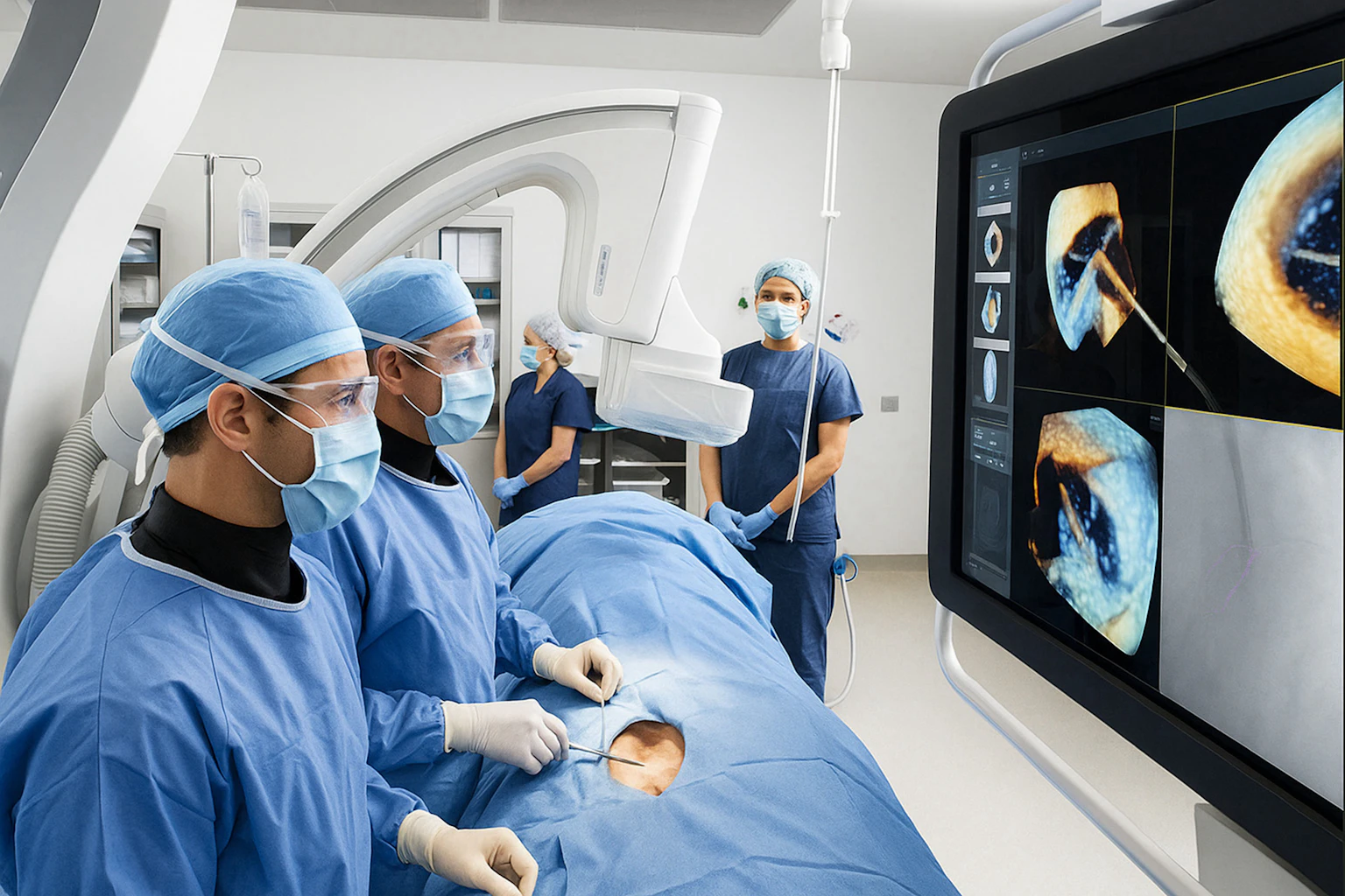 Cirurgiões acompanham imagens em monitor durante cirurgia colorretal minimamente invasiva